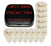 Dirty Riffs Handy Pick Tin with 12 x White Moto Thin Celluloid 351 Style Guitar Picks/Plectrums