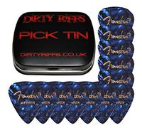 Dirty Riffs Handy Pick Tin with 24 x Blue Moto Medium Celluloid 351 Style Guitar Picks/Plectrums