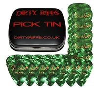 Dirty Riffs Handy Pick Tin with 24 x Green Moto - 8 x Thin, 8 x Medium, 8 x Heavy Celluloid 351 Style Guitar Picks/Plectrums