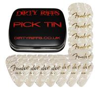Dirty Riffs Handy Pick Tin with 24 x White Moto - 8 x Thin, 8 x Medium, 8 x Heavy Celluloid 351 Style Guitar Picks/Plectrums