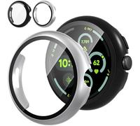 Diruite 2-Packs Screen Protector for Google Pixel Watch 3 45mm Tempered Glass Case All Around Hard PC Protective,Black&Silver