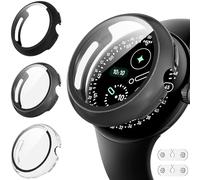 Diruite 3 Pieces Case for Google Pixel Watch 4 41mm Screen Protector&2*Charging Accessories,Ultra Thin HD Tempered Glass Scratch Resistant PC Protective Cover,Black&GunColor&Transparent,41mm