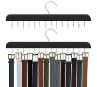 DIRXVMC Belt Hanger for Closet Max 42 Belts, Belt Organizer Closet Accessories with 14 Hooks Belt Rack Sturdy Wood for Closet Organizers and Storage (Black-2pcs)