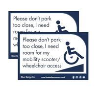 Disabled Car Window Sticker 2 Pack Rectangle - “Please Don’t Park Too Close, I Need Room for My Mobility Scooter and Wheelchair Access” Disability Parking Awareness Vinyl Decals