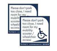 Disabled Car Window Sticker 2 Pack Square - ''Please Don't Park Too Close, I Need Room for My Mobility Scooter/Wheelchair Access” Disability Parking Awareness Vinyl Decals