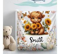 DiSAVE Personalized Highland Cow Throw Blanket, Custom Blankets for Baby Kids Adult, Customized Birthday Gifts for Cows Lover,Flannel