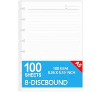 Discbound Refill Paper, 8 Disc Ruled Filler Paper,for Note-Taking System Discbound Planner Inserts,100 Sheets/200 Pages,100gsm，White Paper Refill,Junior Size 5.6" x 8.3"
