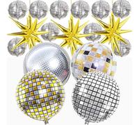 Disco Ball Balloons - 18Pcs Large Disco Balloons 22 Inch 10 Inch Mixed 4D Round Metallic Mylar Balloon Gold Exploding Star Balloon for 70s 80s 90s Themed Party Decor