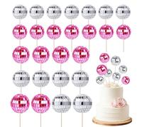 Disco Ball Cake Decorations, 26PCS Disco Ball Cake Toppers, 1970s Disco Themed Cake Toppers, Cupcake Toppers Mini Discos Balls for Birthday Discos Theme 70s Party Supplies(Pink+Silver)