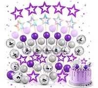 Disco Ball Cake Decorations 35 Pcs, Cake Topper Set with Sticks for Party | Foam Balls, Star Toppers and Mini Disco Balls, Purple and Silver Mix, Decoration for Cakes and Cupcakes Birthday Parties