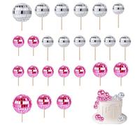 Disco Ball Cake Topper, 24 Pcs Disco Ball Decorations, 1970s Retro Cake Decorations With Stick Shiny Mini Disco Balls Disco Cake Decorations for Dessert Birthday Decor Ornament (Pink, Silver)