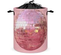 Disco Ball on Pink Laundry Basket Laundry Hamper Round Collapsible Drawstring Clothes Hamper for Bedroom Bathroom