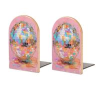 Disco Ball Pastel Pink Wooden Bookends Shelves 2 PCS Sturdy Book Holders Desktop Organizer for Home Office Libraries