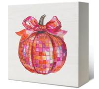 Disco Ball Pumpkin Coquette Trendy Pink Bow Pink Fall Decor,Pink Desk Decor Wooden Box Sign,Autumn Harvest Thanksgiving Wooden Sign,Farmhouse Rustic Tabletop Shelf Office Decoration,5x5 Inch