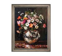 Disco Ball Wall Decor, Retro Eclectic Wall Art, Vintage Framed Colorful Moody Florals Painting, Maximalist Funky Flowers Bouquet Print Artwork