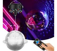 Disco Ball with Motor Upgraded Rotating Motor Adjustable 5/8/10/15 RPM with 6 Inch Silver Mirror Ball and 4 Colour Lights, 18 LED Beads, Power Cable, Remote Control, Party Disco Light Effect