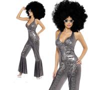 Disco Diva Costume 70s Catsuit Jumpsuit Adult Womens Ladies Fancy Dress New