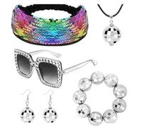 Disco Dress Up 1970s Women's Accessories Set, Party Sequin Headwear, Glasses, Necklace, Earrings in 1
