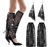 Disco Fancy Dress Women 2pcs, Shiny Disco Leg Warmer with Sequins Earrings Abba Glitter Leg Warmers 70s Abba Fancy Dress Costume Set 1970s Fancy Dresss for Girls Women 70s 80s Discos Party (Black)