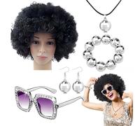 Disco Jewelry for Women 70s Disco Accessories Set for Women 5pcs Disco Costume Set Bling 70s Rapper Costume Necklace Afro Wig Earrings