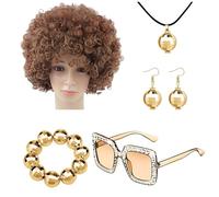 Disco Jewelry For Women 70s - Flashy Rapper Bling Kit 5 Pieces, Statement Necklace Big Afro Wig Earrings Bracelet | Classic 70s Disco Costume Elements For Men Women, Groovy Theme Party Looks, Retro Cl