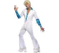 Smiffys Disco Man Costume, All in One, White Jumpsuit with Attached Shirt, 1970s Style, 1970's Disco Fancy Dress, Adult Dress Up Costumes
