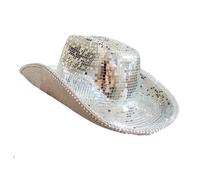 Disco Mirror Ball Cowboy Hat, Silver Sequin Party Hat with Glitter Trim
