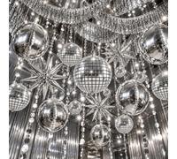 Disco Party Decorations Silver 4D Foil Balloons Set-70s Disco Ball Decor | 60 Pcs Disco Themed Birthday Party Decorations, Explosion Stars,Hanging Streamers Banner,Tinsel Fringe Backdrop Streamers Kit