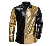 Disco Shirt Men's 70s Metallic Shiny Bronzing Dress Shirt Long Sleeve Suit Colour Block Discs Strike Move Party Shirt Retro Disco Shirt Men 80s Clothing Night Club Theme Party Carnival Costume, gold,
