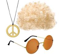 Disco Wig and Sunglasses,Hippie Sunglasses and Necklace Men | Retro Hip Hop Costume Kit, Gold Disco, Costume Accessories Men 70s