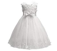 Discoball Girls Princess Dress,Tulle Bow Lace Embroidery Flower Girl Dress,Birthday Party Wedding Bridesmaid First Communion Girls' Dresses for 1-10 Years White