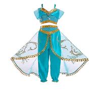 Discoball Jasmine Princess Costume for Girls Amazing Tour Kids Aladdin Costume Princess Jasmine Dress Up Girls Dance Costume Outfit Kids Fancy Dress (UK 3-4 Years, Blue)