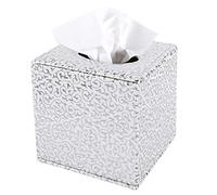 Discoball Tissue Box Cover PU Leather Cube Tissue Holder - Household Office Square Tissue Cover Case Paper Holder Napkin Dispenser for Home Office and Car (Silver Carving)