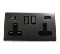Discount Electrix USB 2 Gang Plug Socket Black Nickel Screwless Flat Plate Design with Black Insert