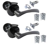 DISCOUNT HARDWARE UK Astrid Black Nickel Lever on Rose Door Handle Set, 2 Pairs, with 64mm Latch and 3" Hinges, 120mm, Internal Wooden Doors