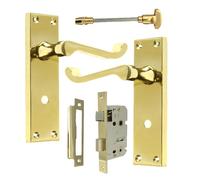 DISCOUNT HARDWARE UK Door Handle Sets, Victorian Scroll Brass Door Handles with Lock and Key, Bedroom Door Handle, External Door Lock and Handle Set (Bath Handle)