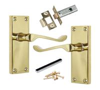 DISCOUNT HARDWARE UK Door Handle Sets, Victorian Scroll Brass Door Handles with Lock and Key, Bedroom Door Handle, External Door Lock and Handle Set (Latch Handle 118mm)