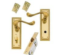 DISCOUNT HARDWARE UK Interior Door Handle Set - Georgian Polished Brass Plate, External Door Handles & Internal Door Lever Lock, Bathroom Door Handles with Lock, Secure & Elegant (Bathroom Pack)