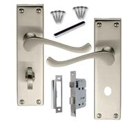 DISCOUNT HARDWARE UK Victorian Satin Nickel Bathroom Lock Handles Pack 150mm x 43mm Backplate, Door Lock Handle, Lockable Bath Door Handle for Interior Doors