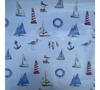Discover Lifestyle & Fashion Fabrics Nautical Blue Design Table Cloth Wipe Clean Water Resistant Wipeable Rectangle Vinyl Table Cotton Backed PVC Cover Protector | 132 cm Wide | per Metre