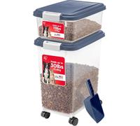 Discover the airtight container designed for your pet. This hermetically sealed 33 litre plastic container is perfect for storing dog food, cat food or any other pet food you wish to store. The sealed storage container has a foam seal and locking latches to keep the contents fresh and pests out. Designed as pet food bins, these BPA-free wheeled storage bins offer many other uses as well as storage for leashes and toys, pellets, seeds, bird seed, cat litter, or even as a charcoal container. This hermetically sealed IRIS pet container is versatile and functional, and the wheels allow for easy mobility in any room of the house. Made in the USA.