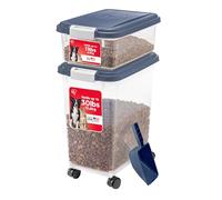 Discover the airtight container designed for your pet. This hermetically sealed 33 litre plastic container is perfect for storing dog food, cat food or any other pet food you wish to store. The sealed storage container has a foam seal and locking latches to keep the contents fresh and pests out. Designed as pet food bins, these BPA-free wheeled storage bins offer many other uses as well as storage for leashes and toys, pellets, seeds, bird seed, cat litter, or even as a charcoal container. This hermetically sealed IRIS pet container is versatile and functional, and the wheels allow for easy mobility in any room of the house. Made in the USA.