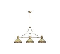 Discovery Lighting Jeffrey 3 Light Bar Ceiling Pendant In Aged Antique Brass Finish with Amber and Cream Tiffany Glass