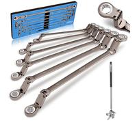 DISEN 6 Pcs 8-19mm Extra Long Flexible Head Ratchet Wrench with Magnetic Pickup Tool, 72 Teeth, Cr-V Steel, 12 Point, Nickel Grey