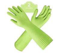 Disfore 2 Pairs of Durable Rubber Gloves, Reusable Non-Slip Cleaning Gloves, Long-Sleeved Waterproof Dishwashing Gloves to Protect Hands, Soft and Comfortable Premium Kitchen Gloves,Small Green