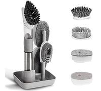 Dish Cleaning Brush, Soap Dispensing Dish Brush Set with 4 Replacement Heads and Storage Holder, Kitchen Scrub Brush for Dish Pot Pan Sink Cleaning (Grey)