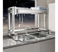 Dish Drain Rack, Double Layer 304 Stainless Steel Kitchen Sink Dish Drainer with Hooks, Adjustable 67-97 cm