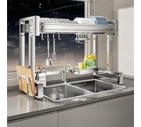 Dish Drain Rack, Double Layer 304 Stainless Steel Kitchen Sink Dish Drainer with Hooks, Adjustable 67-97 cm