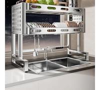 Dish Drain Rack, Double Layer 304 Stainless Steel Kitchen Sink Dish Drainer with Hooks, Adjustable 67-97 cm