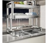 Dish Drain Rack, Double Layer 304 Stainless Steel Kitchen Sink Dish Drainer with Hooks, Adjustable 67-97 cm